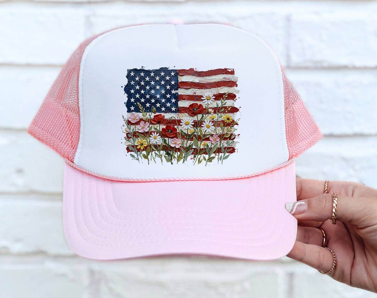 American Flag Floral Painting - USA Trucker Hat: Pink/White