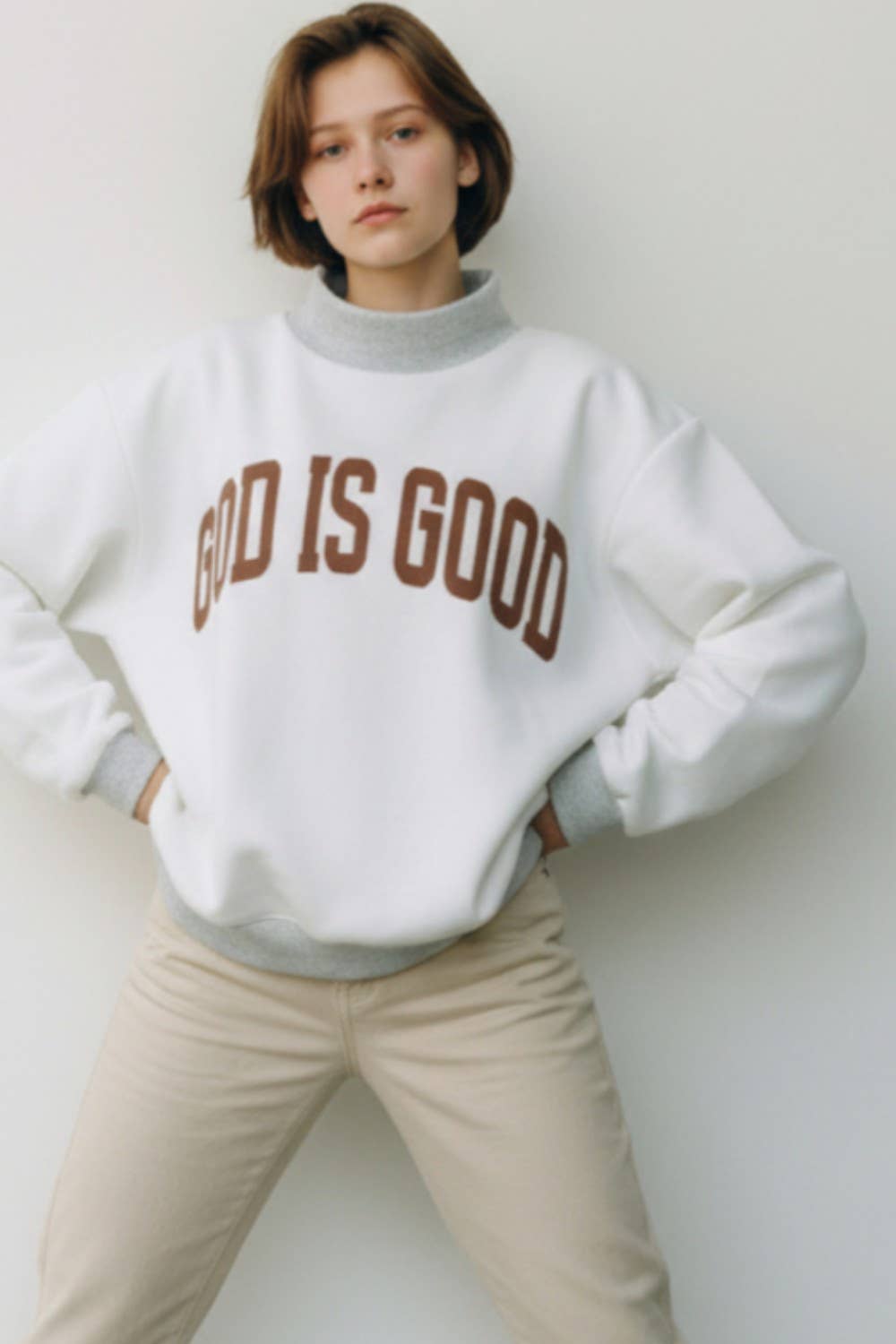 IT2594-JESUS | 'JESUS & GOD IS GOOD' Reversible Sweatshirt: H.grey/Pink / S/M-L/XL (3-3)