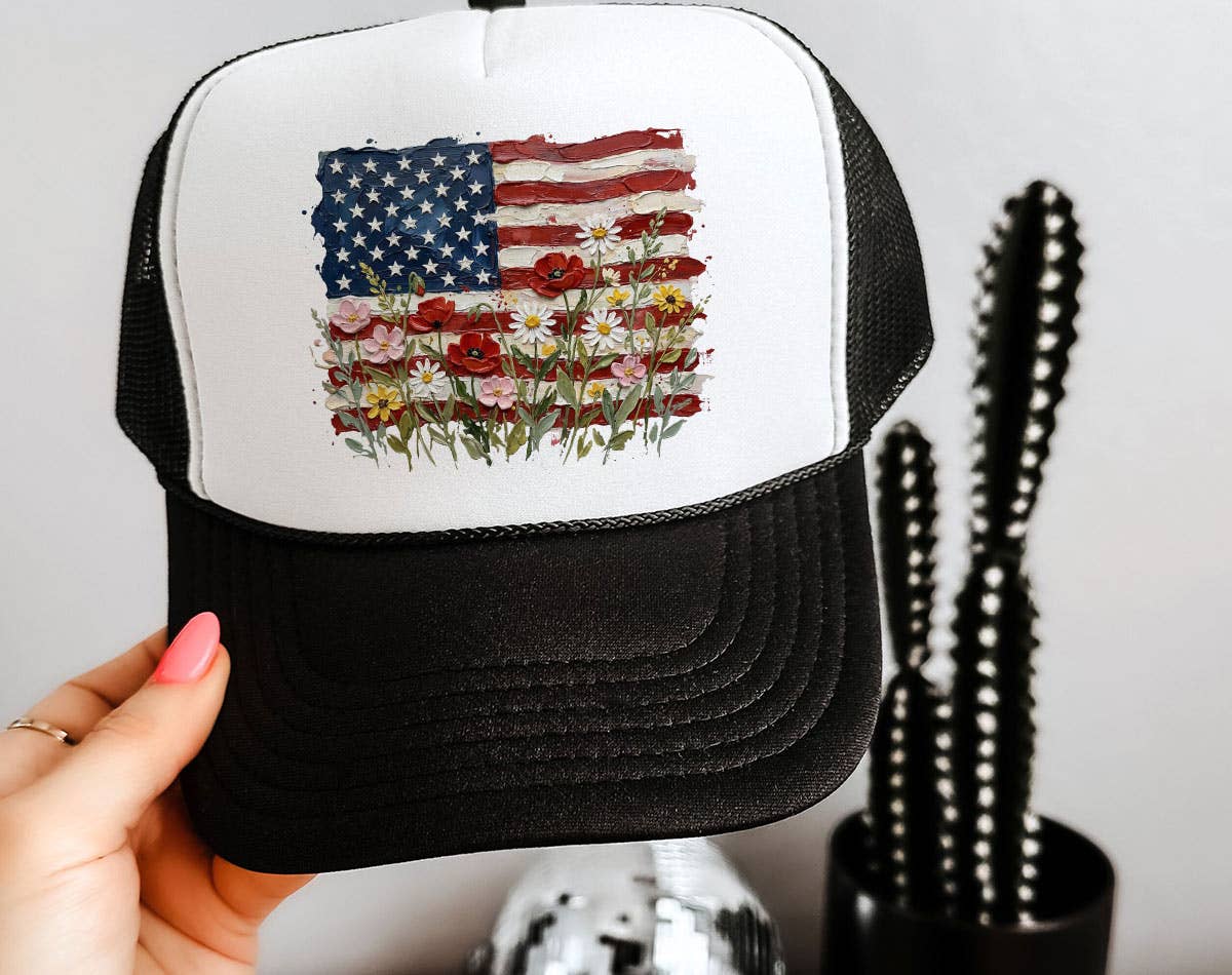 American Flag Floral Painting - USA Trucker Hat: Black/White