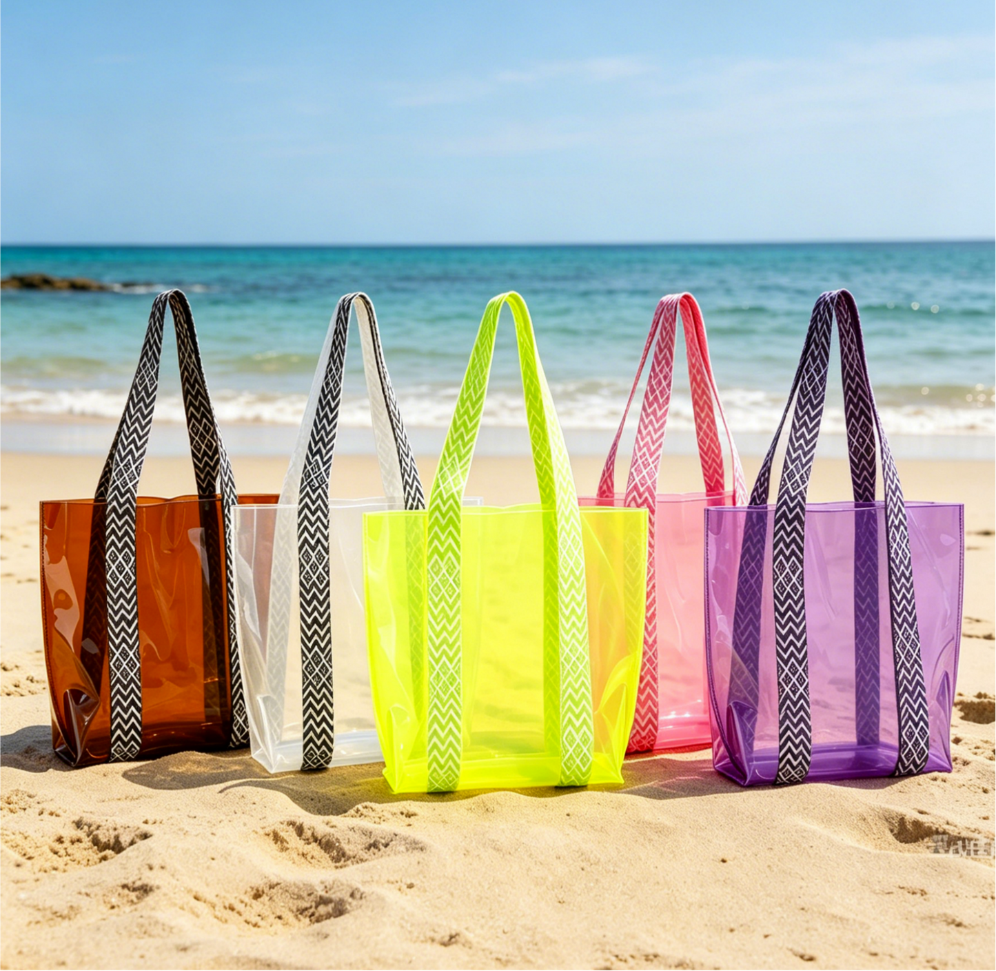 Geo Pattern Straps Clear Shoulder Bag PVC Tote Bag: Purple / M