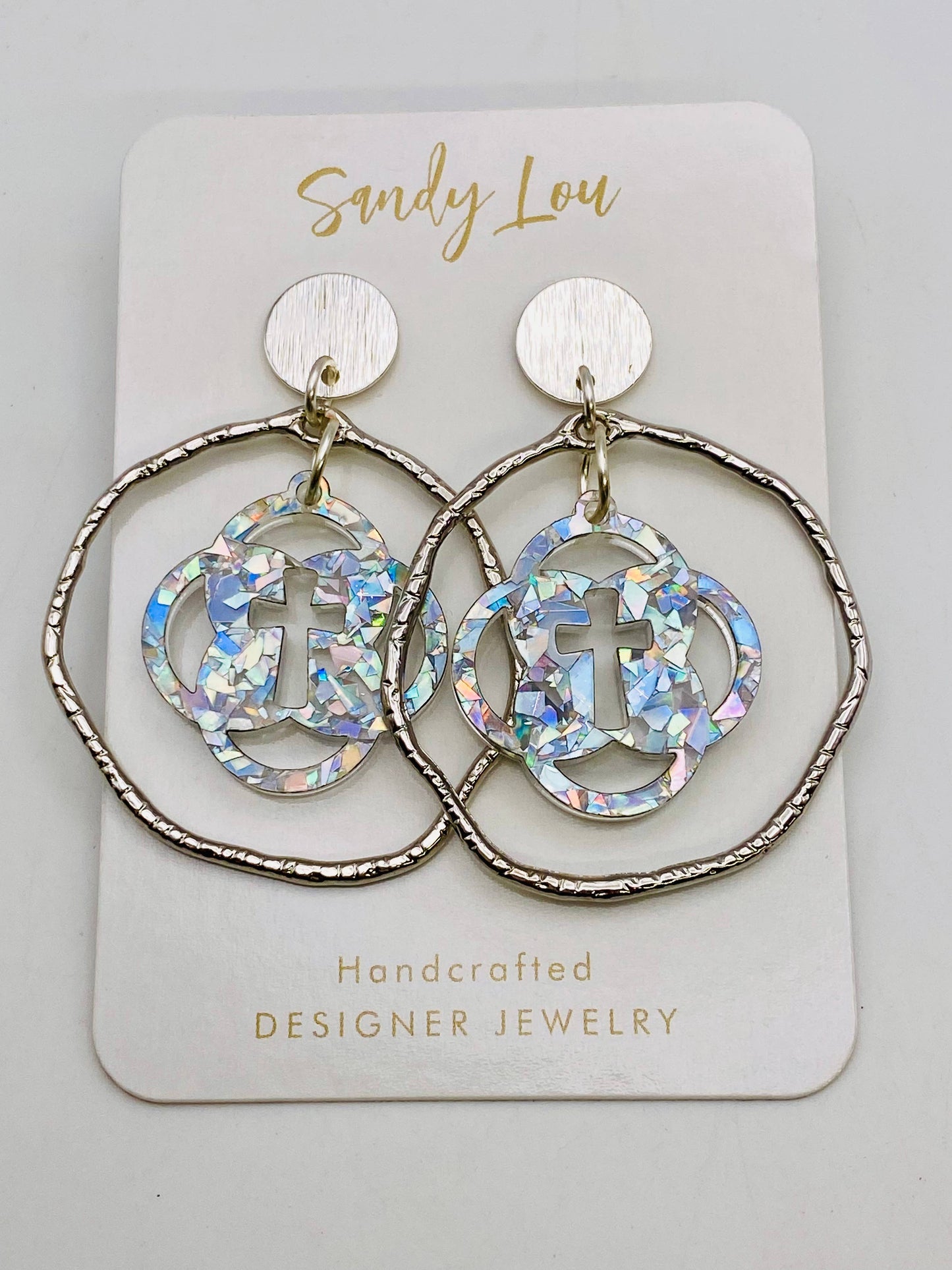 Iridescent Faith Cross Hoop Earrings- Silver