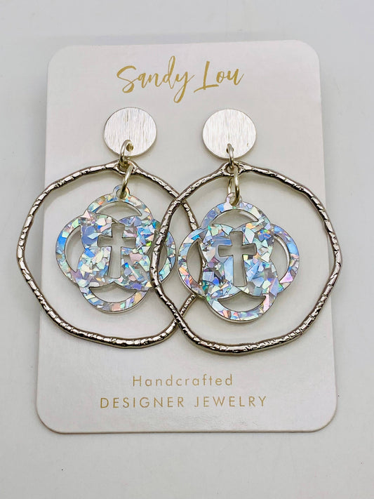 Iridescent Faith Cross Hoop Earrings- Silver