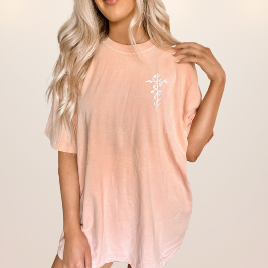 Puff Flower Cross T-Shirt: Peachy Pink / Large