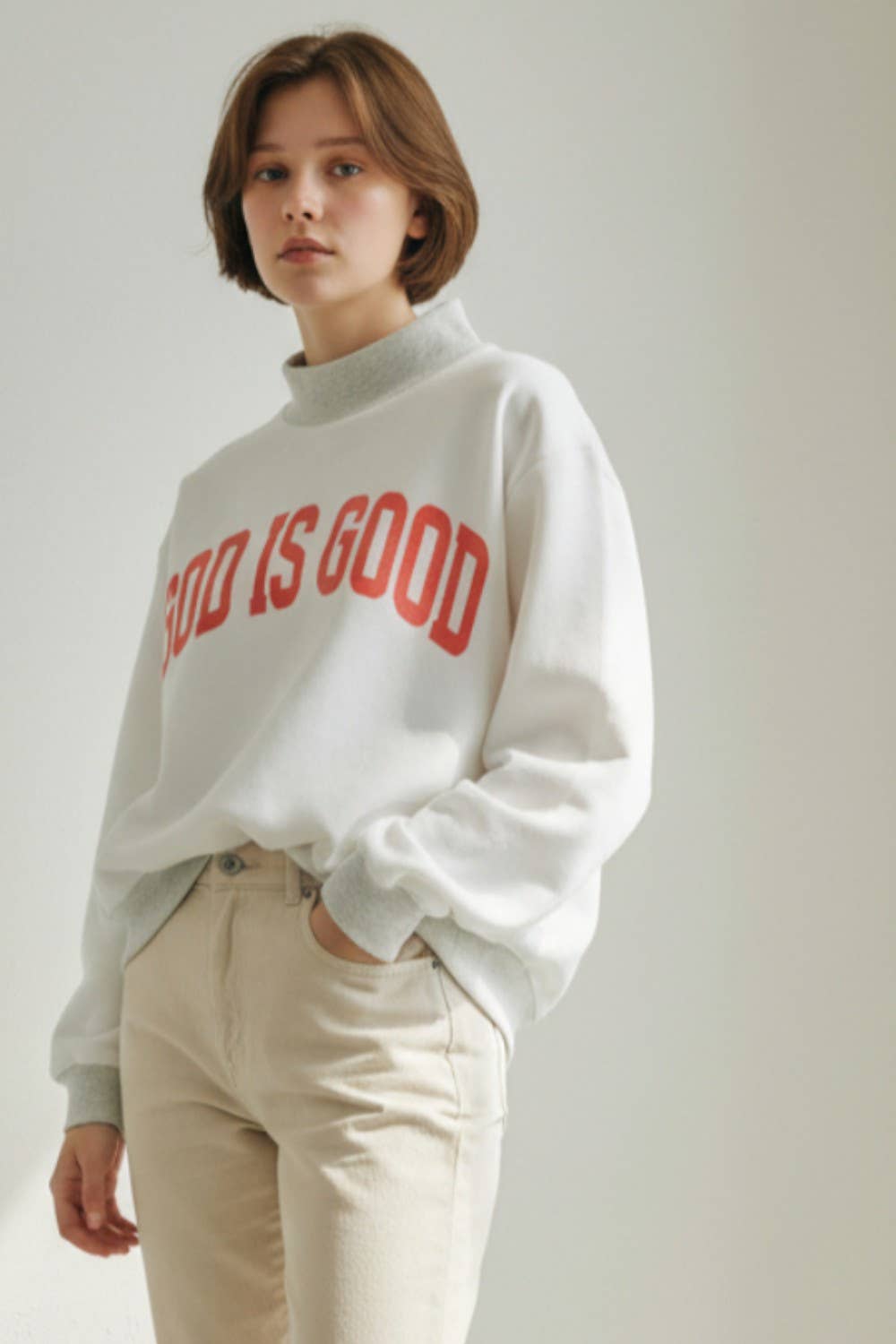 IT2594-JESUS | 'JESUS & GOD IS GOOD' Reversible Sweatshirt: Ash grey/Coral / S/M-L/XL