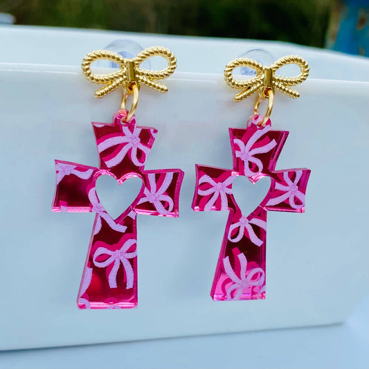 Crucifix Cross Acrylic Earring Mirror Bows