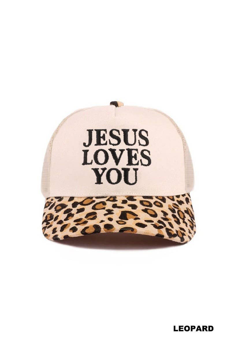 Jesus Loves You Two Tone Mesh Snapback Hat: LEOPARD / 1(ONE SIZE)