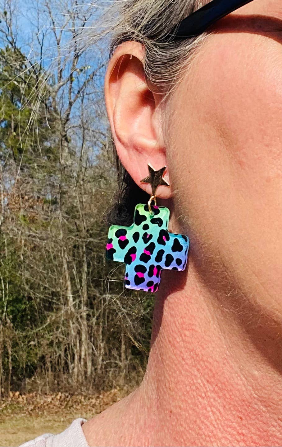 Colorful Leopard Cross Earrings | Star Stud Dangles 