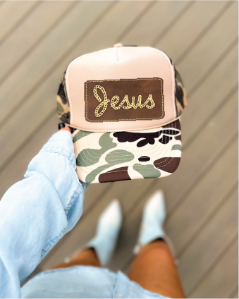 Jesus Faux Leather Patch DTF Printed Duck Camo and Tan Trucker Hat