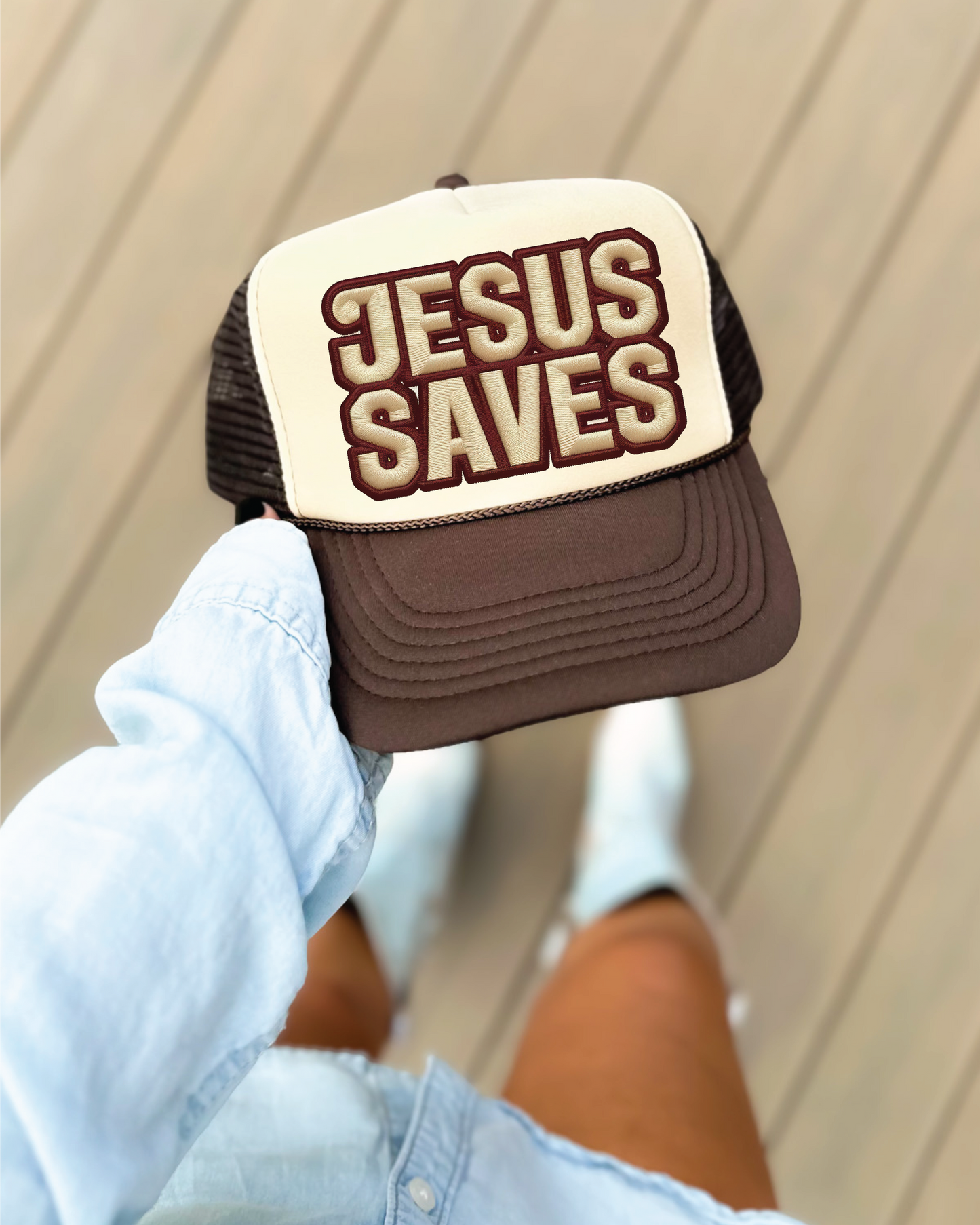 Jesus Saves Faux Embroidery DTF Printed Brown and Tan Trucker Hat
