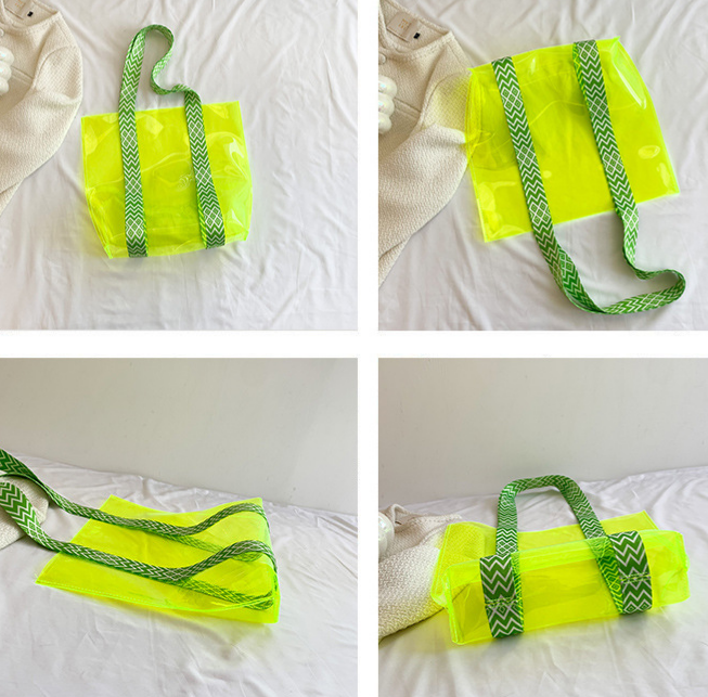 Geo Pattern Straps Clear Shoulder Bag PVC Tote Bag: Green / M