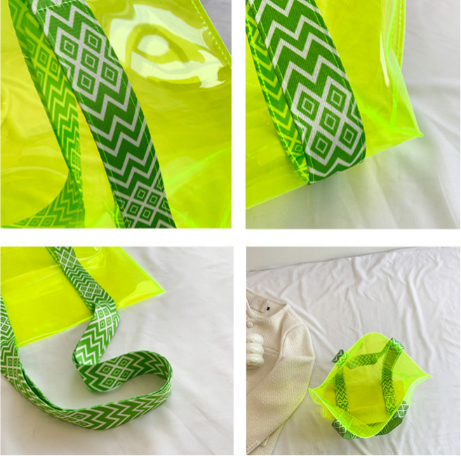 Geo Pattern Straps Clear Shoulder Bag PVC Tote Bag: Green / M
