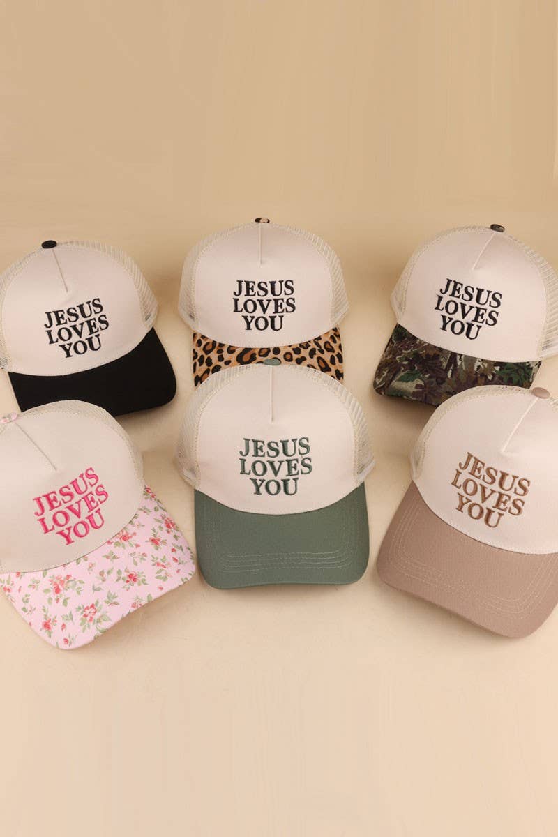 Jesus Loves You Two Tone Mesh Snapback Hat: LEOPARD / 1(ONE SIZE)