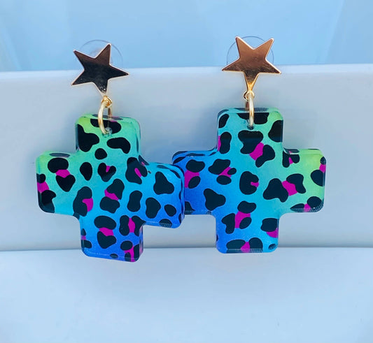 Colorful Leopard Cross Earrings | Star Stud Dangles 