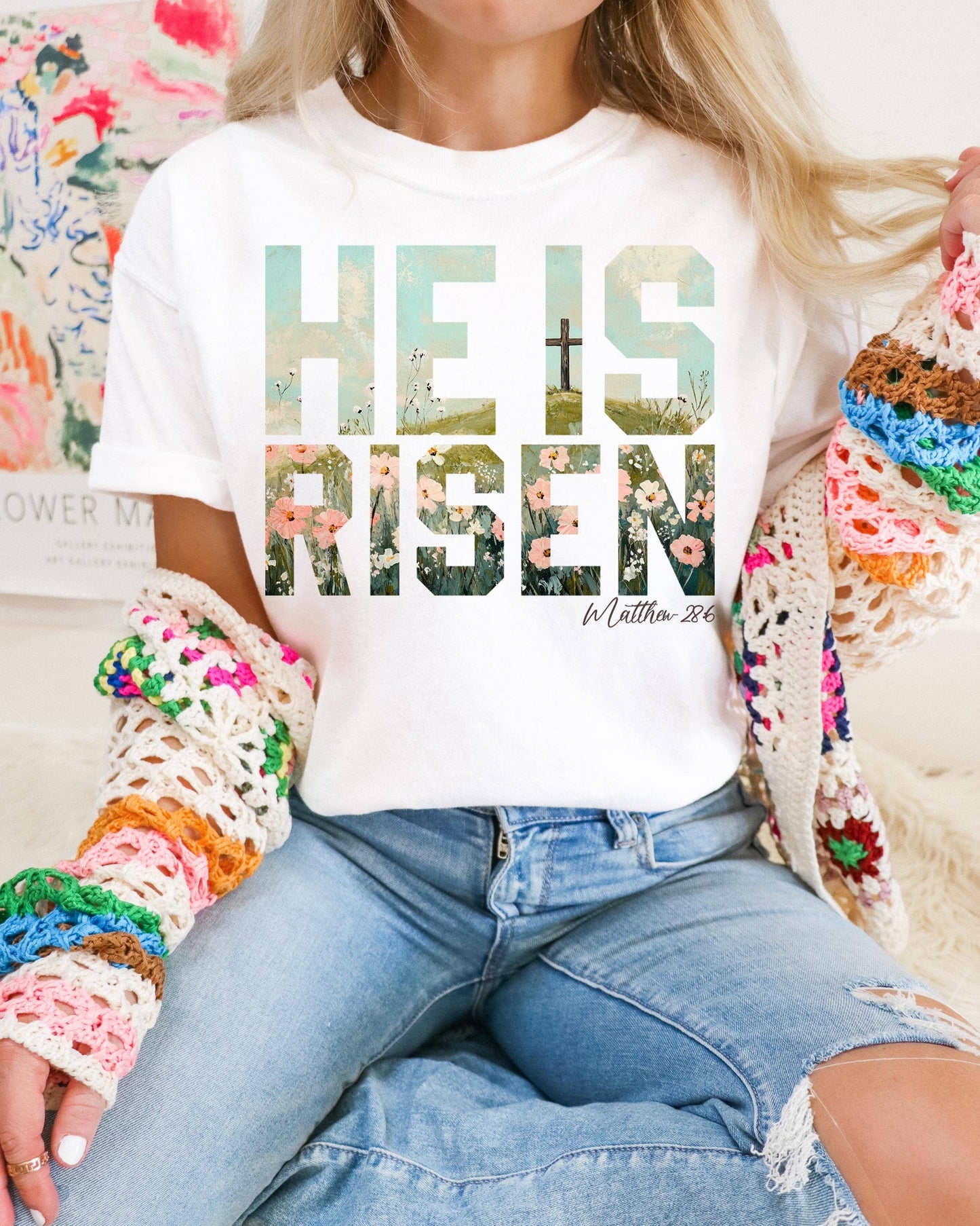 He is Risen, Trendy Spring Easter T-Shirt: White / L / T-Shirt