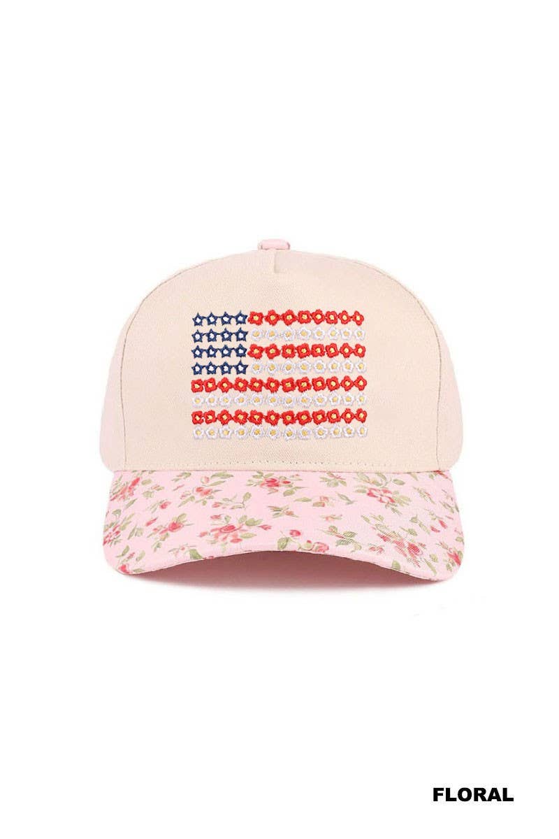 Star Floral American Flag Two Tone Cotton Hat: FLORAL / 1(ONE SIZE)
