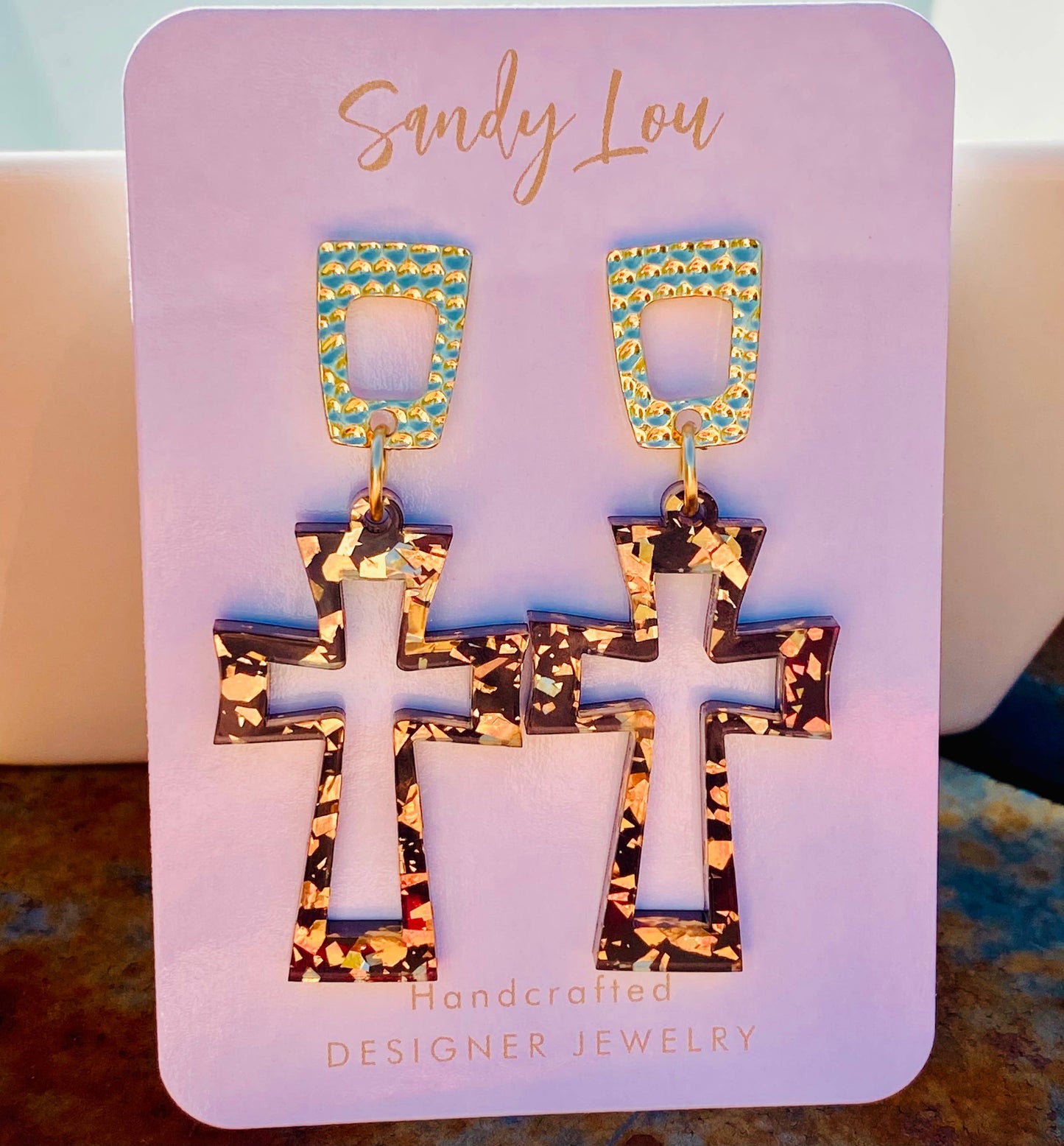 Crucifix Black and Gold Cross Acrylic Earring 