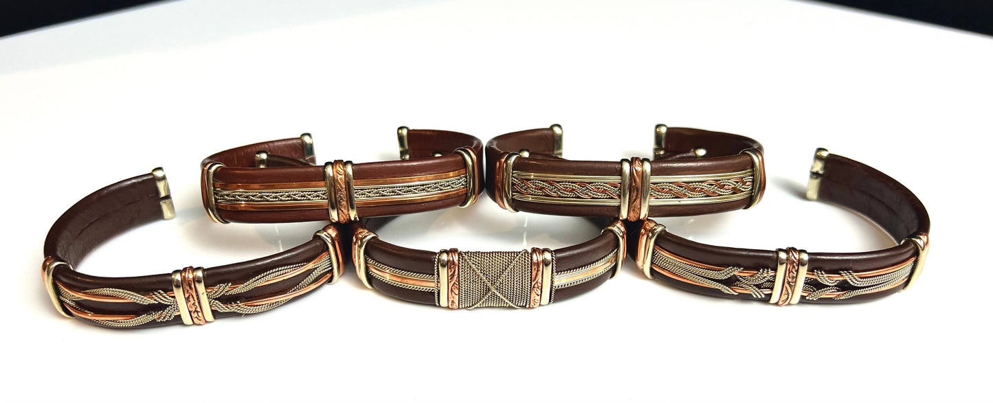 Large Brown Leather Adjustable Cuff Bracelets for Men