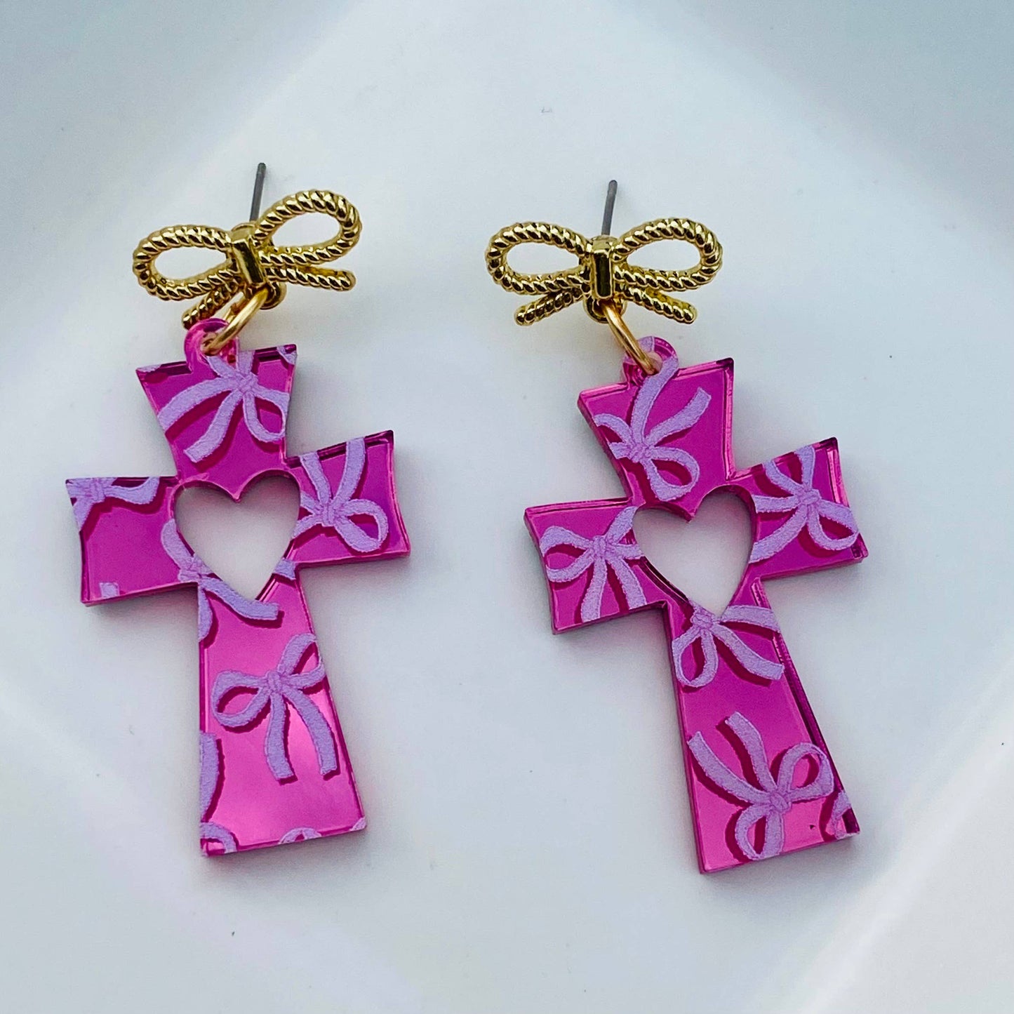 Crucifix Cross Acrylic Earring Mirror Bows