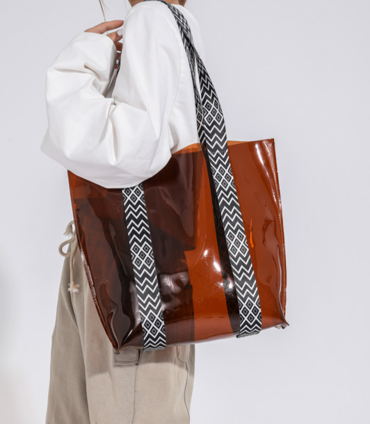 Geo Pattern Straps Clear Shoulder Bag PVC Tote Bag: Green / M