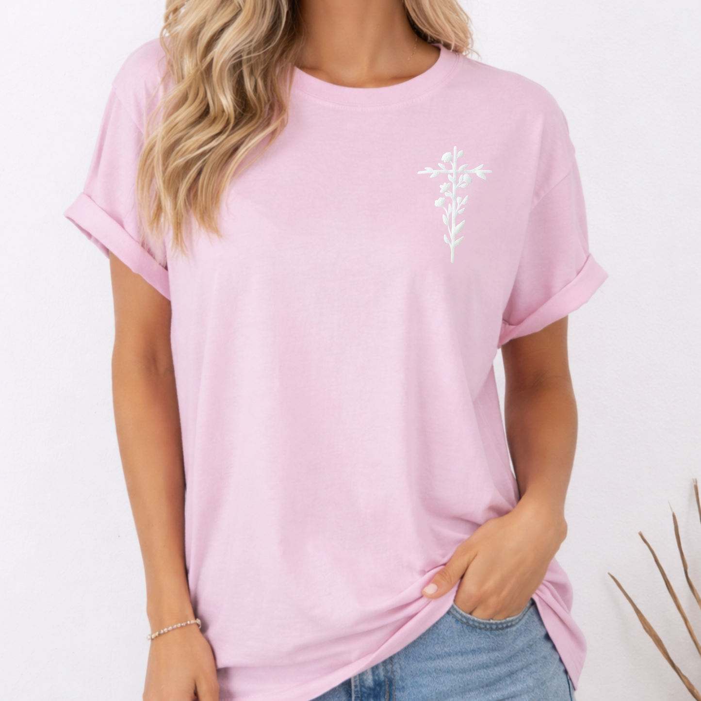 Puff Flower Cross T-Shirt: Peachy Pink / Medium