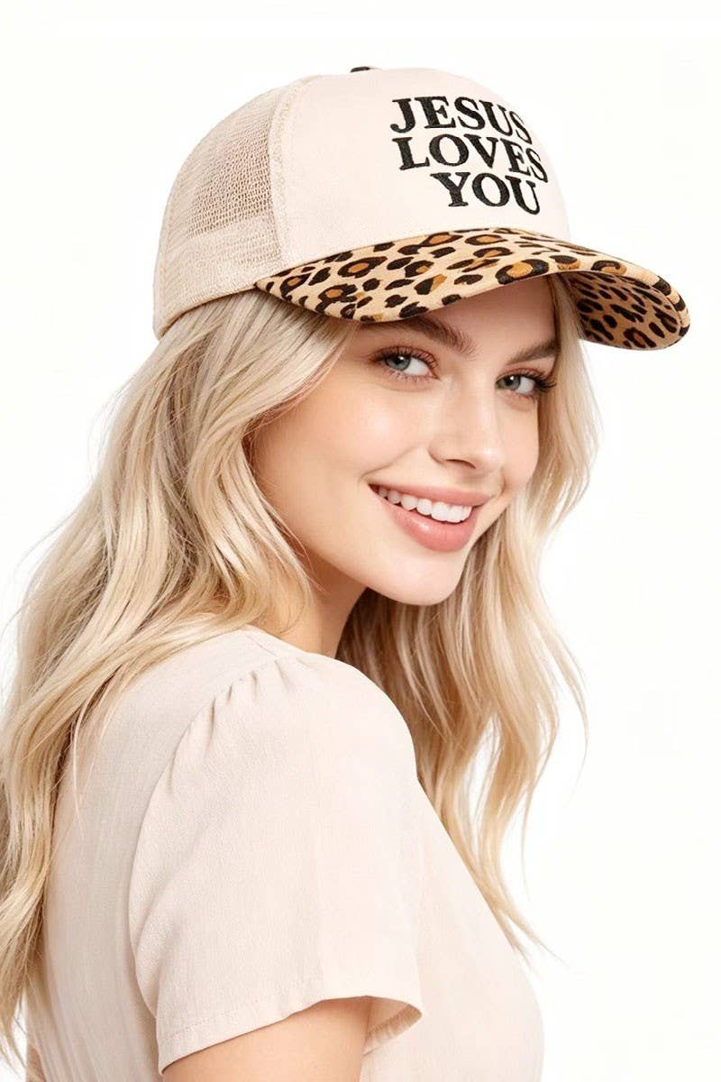 Jesus Loves You Two Tone Mesh Snapback Hat: LEOPARD / 1(ONE SIZE)
