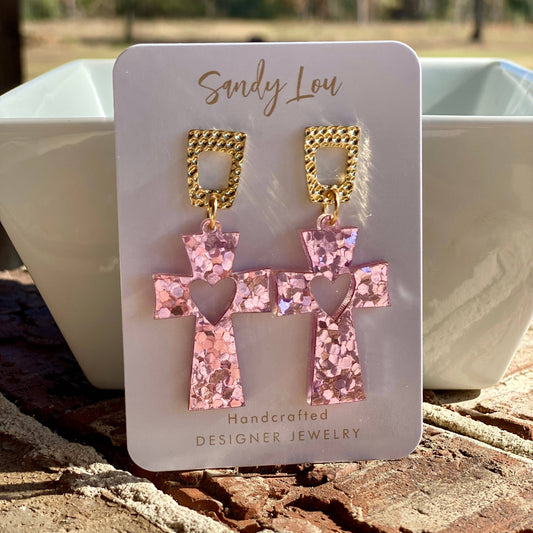Crucifix  Cross Acrylic Earrings- Pink Confetti 