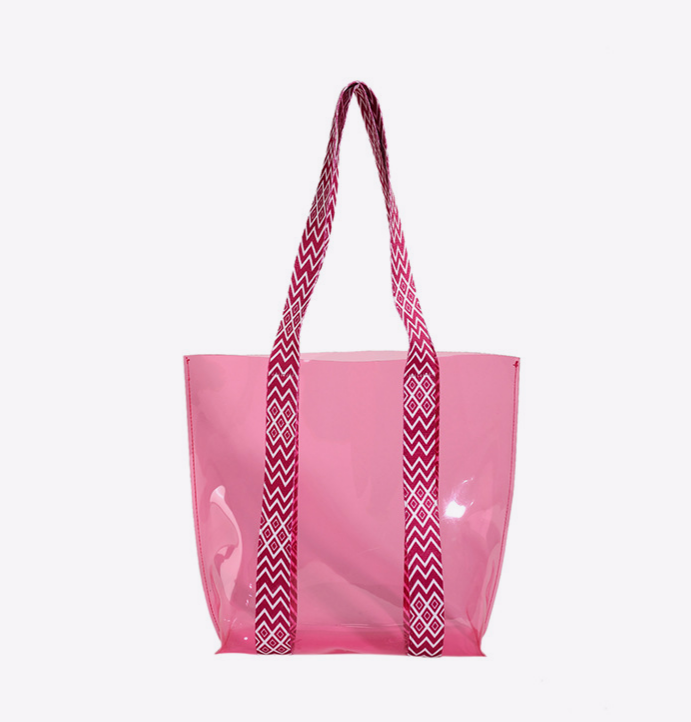 Geo Pattern Straps Clear Shoulder Bag PVC Tote Bag: Green / M