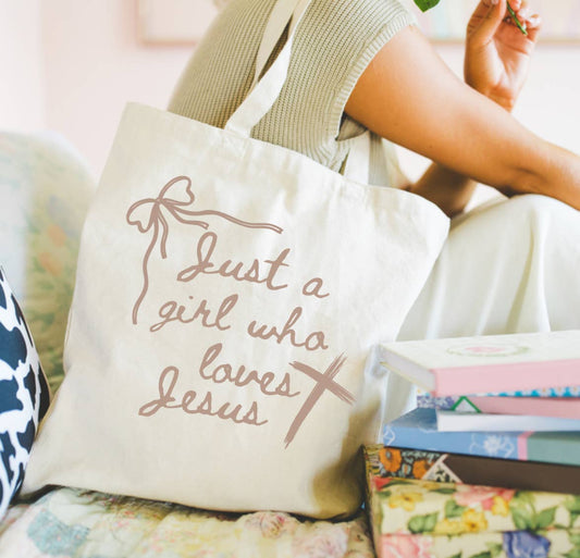 Just A Girl Who Loves Jesus Canvas Tote Bag, Faith Tote Bag
