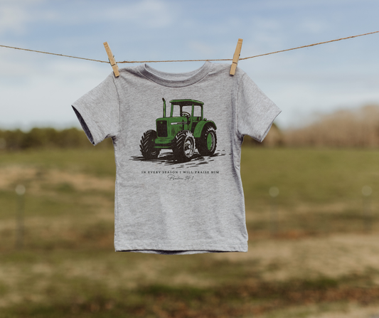 Tractor Every Season I Will Praise Youth Faith Graphic Tee: Green Tractor / 2T