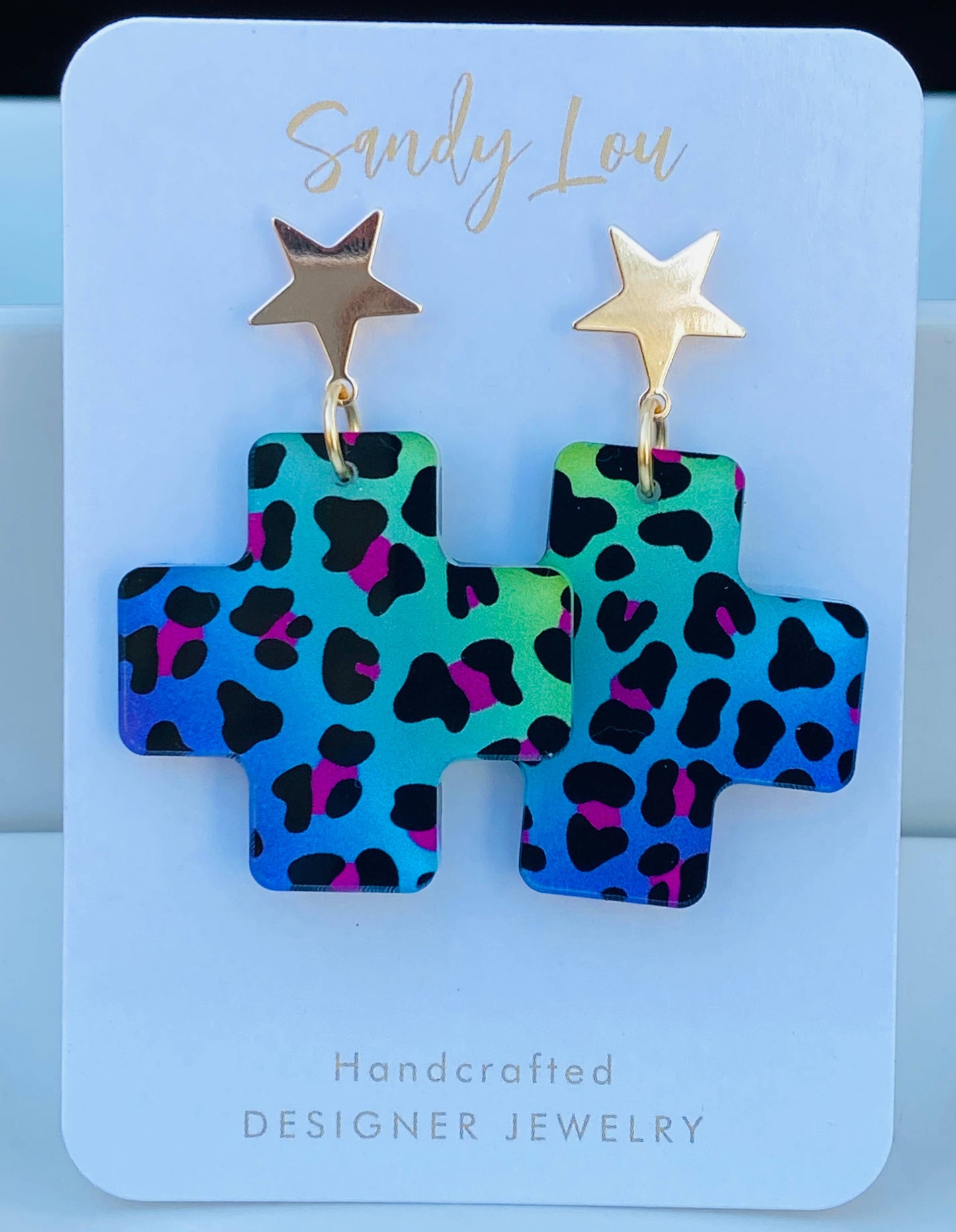 Colorful Leopard Cross Earrings | Star Stud Dangles 