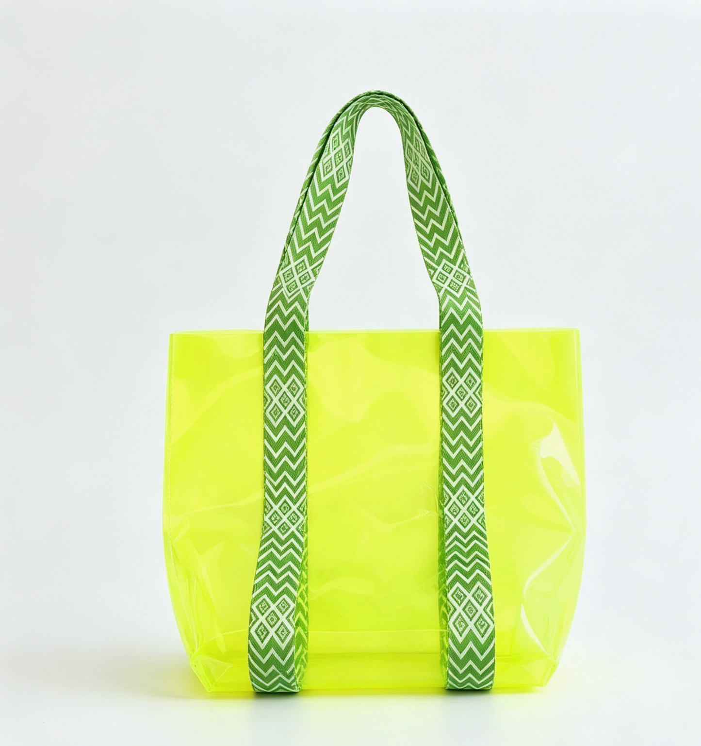Geo Pattern Straps Clear Shoulder Bag PVC Tote Bag: Green / M
