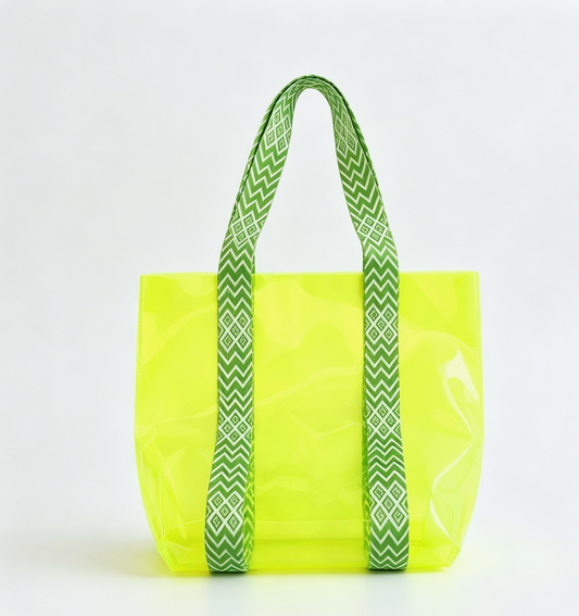 Geo Pattern Straps Clear Shoulder Bag PVC Tote Bag: Green / M