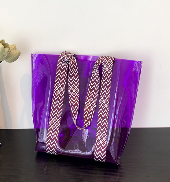 Geo Pattern Straps Clear Shoulder Bag PVC Tote Bag: Green / M