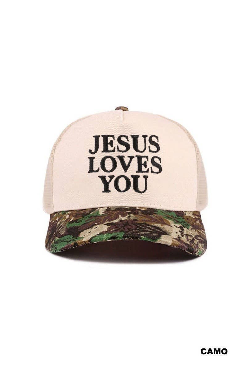 Jesus Loves You Two Tone Mesh Snapback Hat: LEOPARD / 1(ONE SIZE)