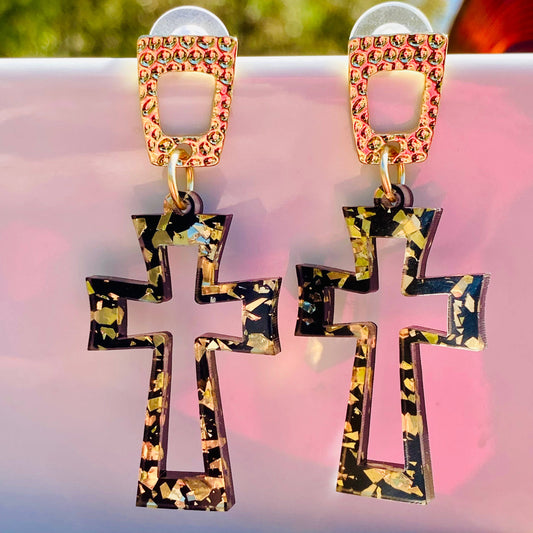 Crucifix Black and Gold Cross Acrylic Earring 